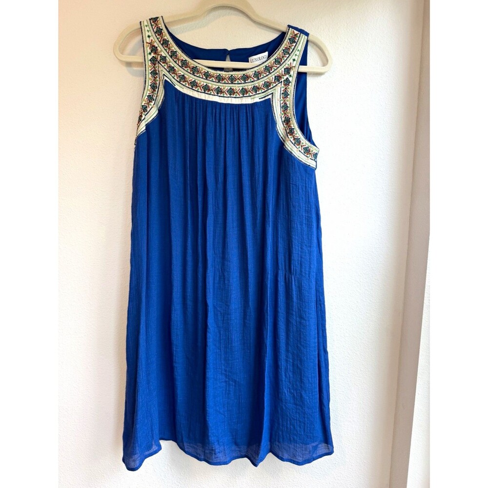 Luxology Blue Shift Dress Round Neck Sleeveless Embroidered Knee Length L